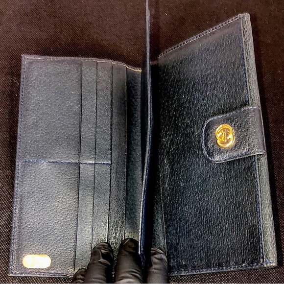 M GUCCI GG Monogram Navy Blue Leather Accent Long Bifold Wallet Vintage - Picture 12 of 17